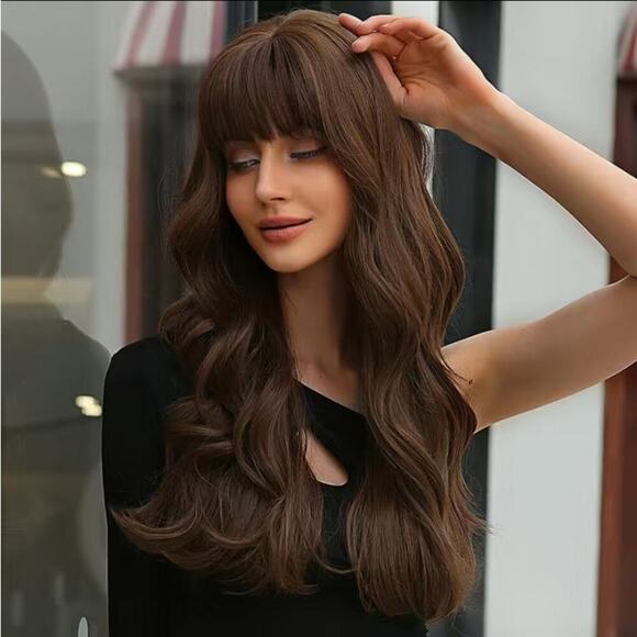 Dark Brown Long Layers 24 Inch Wig With Bangs - Picture 3 of 8
